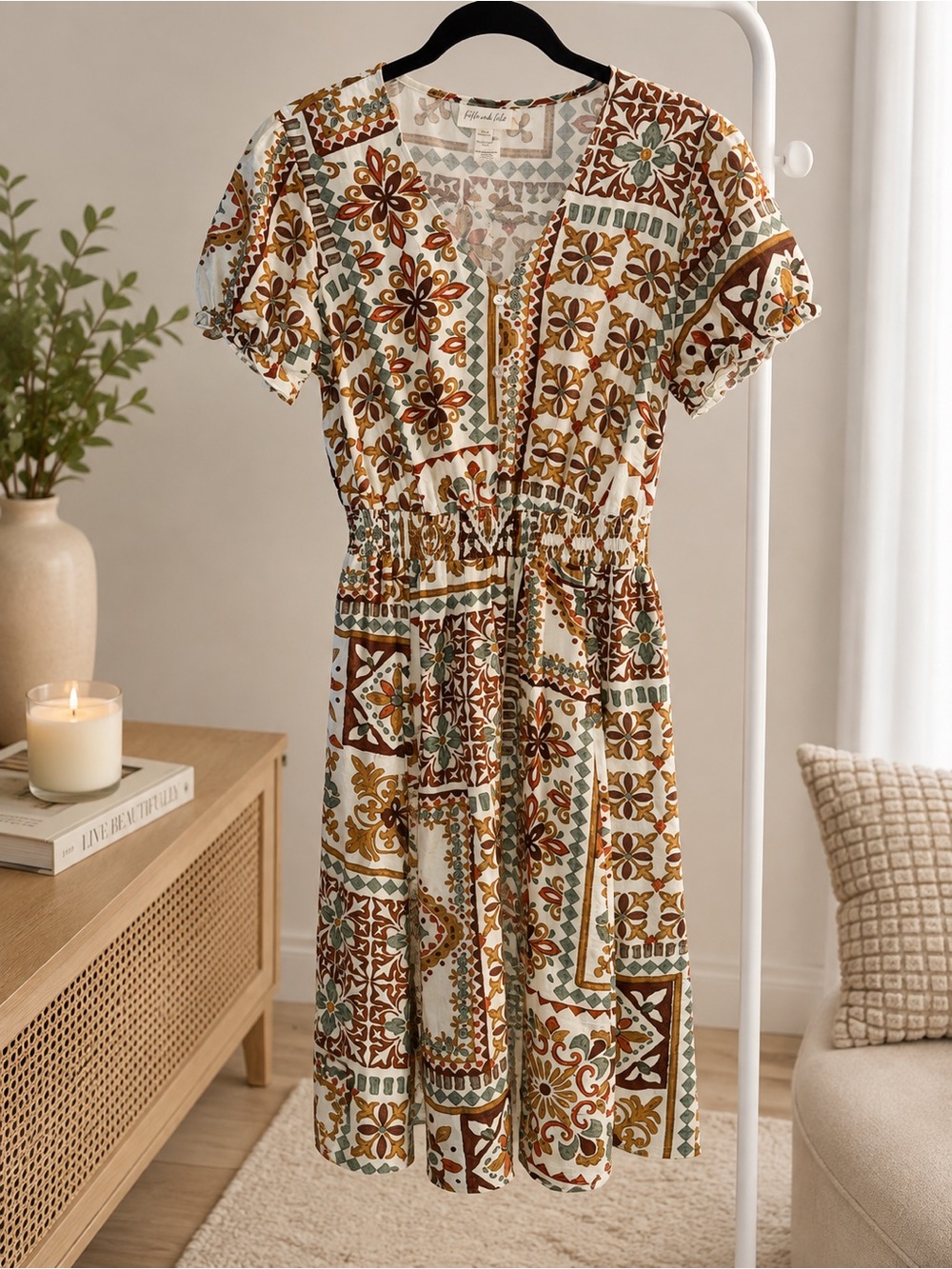 Boho Midi Dress in Cream, Brown & Green